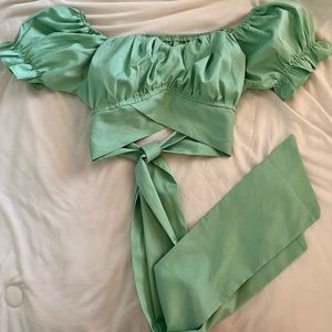 Green puffy off the shoulder crop top